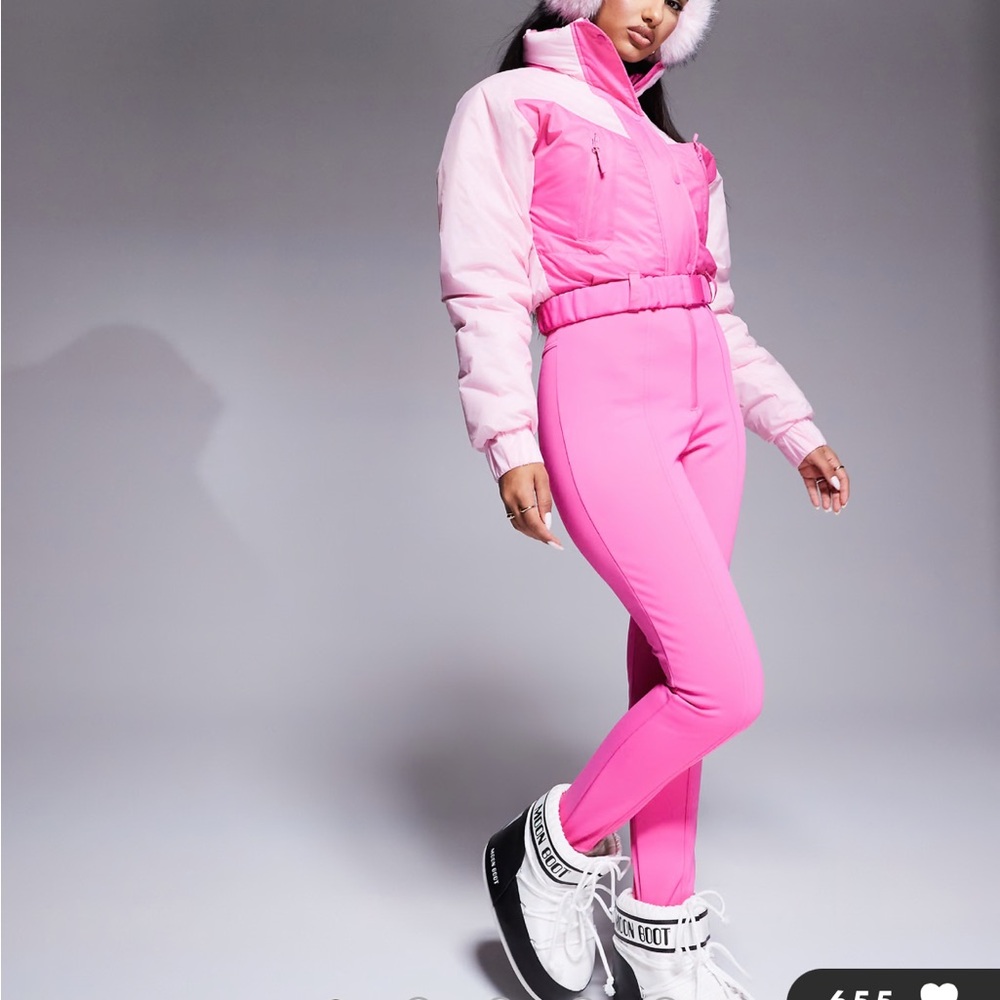 Pink Two-Tone Ski Suit with Fur Trim
